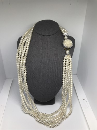 OFF WHITE Collana 5 fili vintage tono argento bianco sporco perle finte 22"