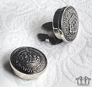 Antique Silver CROWN CUFF BUTTON COVERS Set Mens Victorian Mandarin Collar 2pcs - Bild 1 von 3