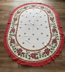 Owalny obrus Poinsetta Boże Narodzenie Święto Zima Czerwony Biały vintage MCM READ - Zdjęcie 1 z 10