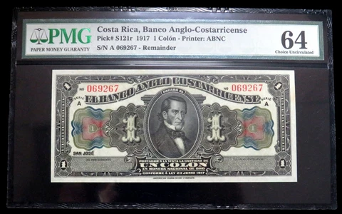 1917 COSTA RICA 1 COLON BANCO ANGLO-COSTARRICENSE PMG CHOICE UNC 64 #S121r Cover