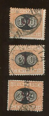Juego de 3 estampillas postales de Italia de 1890 con cargo recargado #J25-J27 CV $74,50 Foto 1 de 2