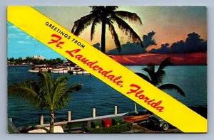 Cartolina d'epoca Florida Ft Lauderdale palme tropicali oceano e banchine - Foto 1 di 2