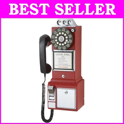 Teléfono público vintage de los años 50 montado en la pared con botón pulsador - diseño rojo nostálgico Foto 1 de 4