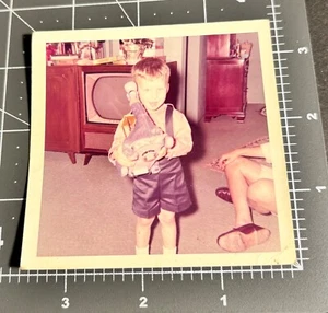 1960s Boy w/ FLINTSTONES Toy DINO the DINOSAUR Battery Op Vintage Snapshot PHOTO - Picture 1 of 3