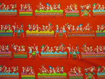 CALAVERAS DÍA DE MUERTOS FIESTA TELA ALGODÓN ROJO FQ  Foto 1 de 4