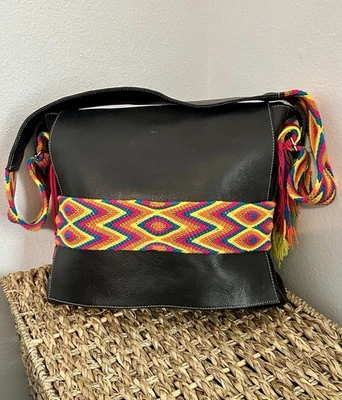 "Bolso de cuero Wayuu colombiano genuino hecho a mano 13""x12""" Foto 1 de 4