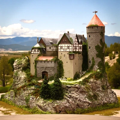 Diorama H0/TT 1:100 Burg Lauterstein+Licht Berg Granit Felsen begrünt#patiniert - Bild 1 von 4