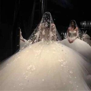 Wedding Veil 3D Flowers Pearls Bridal Veils Cathedral Elegant Beaded Bride Veils - Picture 1 of 22