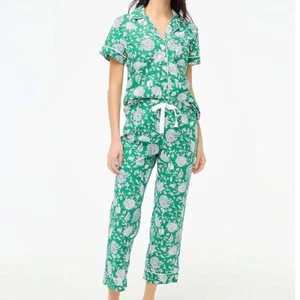 J Crew NWT $118 Green Floral Short-Sleeve Cotton Pajama Set Sz M | Cropped Pant - Picture 1 of 2