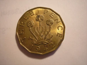1942 British Three Pence, King George VI, KM# 849, UK - Picture 1 of 8