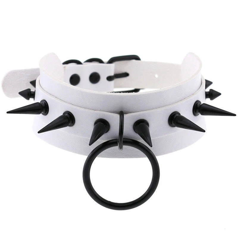 Gothic Punk White PU Leather Spiked Rivet O-Ring Collar Stud Choker Necklace - Image 1 of 1