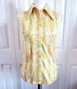 Camicia top senza maniche gialla astratta originale anni '60 anni '70 con bottoni colletto a punta - Foto 1 di 9