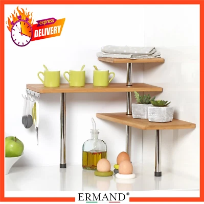 Bambù e acciaio 3 livelli Mensola angolare 4 ganci -Cinque mobili da cucina e so - Immagine 1 di 4