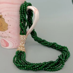 19" 7 Strands Round Green Jade Multi Strands Necklace Cubic Zirconia Pave clasp - Picture 1 of 6