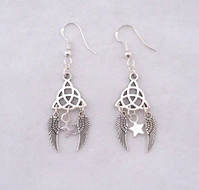 Tibetan Silver Trinity Knot,Angel Wings & Star,925 Silver Hook Earrings.Handmade Foto 1 de 4