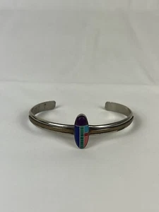 Zuni Indian Native American Multi Gemstone Inlay Signed Sterling Cuff Bracelet - Picture 1 of 6