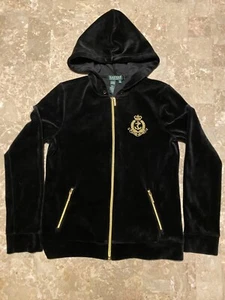 Lauren Ralph Lauren Embroidered Crest Black Velour Hoodie Track Jacket Petite - Picture 1 of 6