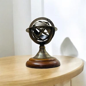 Antique Armillary Brass Desktop Globe Sphere Wooden Base Vintage Astrolabe - Picture 1 of 6