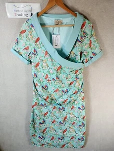Lindy Bop Dress Womens Wiggle Pencil Retro Style Green Birds Blossom Belt 12-14 - Picture 1 of 17