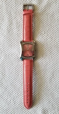 Burgi Silver Tone Watch Crystal Bezel Pink Dial & Leather Band 6"-7.5" New Batt. - Image 1 of 4