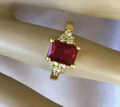 Lab Created Ruby 3Ct Emerald Cut Women's Engagement Ring 14K Yellow Gold Plated - Image 1 of 4