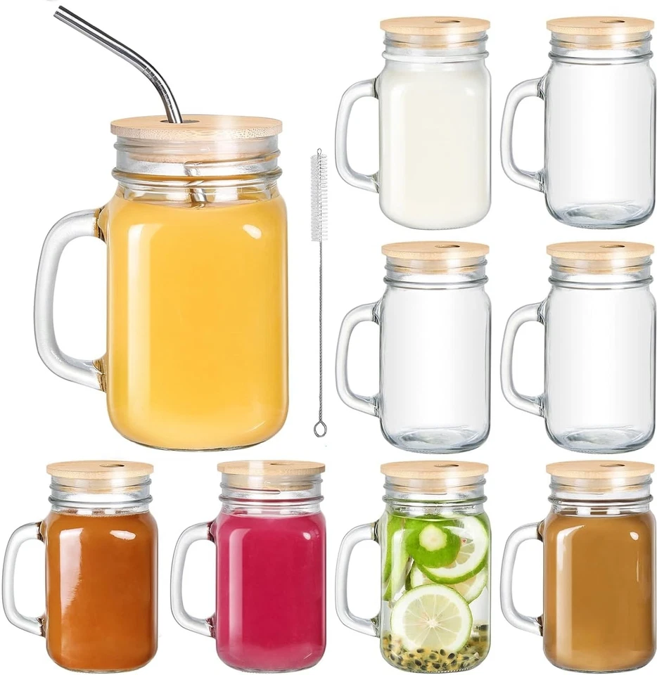 9 Pack 16oz Mason Jars with Bamboo Lid & Straw | Drinking Glasses Ice Coffee...