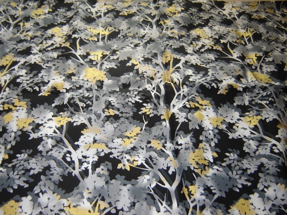 cotton fabric BLACK WHITE color principle HENRY GLASS trees gold highlights 2 yd - Image 1 of 3