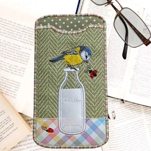 Embroidered Glasses Case. Handmade. Blue Tit on a Milk Bottle - Picture 1 of 4