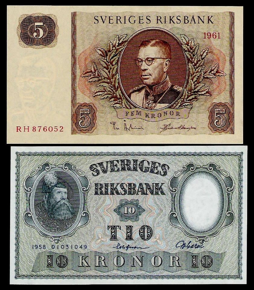 SWEDEN - 5 & 10 KRONOR - 1961  & 1958  - P42 & P43 -  aUNC  - Image 1 of 1