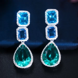 New Teardrop Ocean Blue Topaz Green Peridot Gems Silver Dangle Hook Earrings - Picture 1 of 7