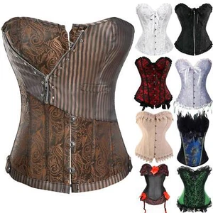 Womens Bustier Corset Brocade Burlesque Basque Fancy Dress Lingerie - Picture 1 of 34