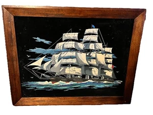 Vintage Malen nach Zahlen auf schwarzem Samt Segelschiff �� - Bild 1 von 4