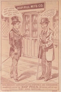 Tarjeta de intercambio Hop Pill Mfg Co Quack Medicine con 2 hombres hablando/Nuevo London CT c1890 - Imagen 1 de 2