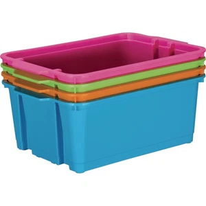 Stacking Bins, 14" x 10" x 5 ¾" - 4 Pack, Neon Stackable Storage Plastic Bins... - Picture 1 of 8