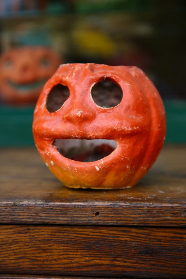1920s Antique Vintage Halloween Paper Mache Pumpkin Jack-o-Lantern RARE Face - Image 1 of 4