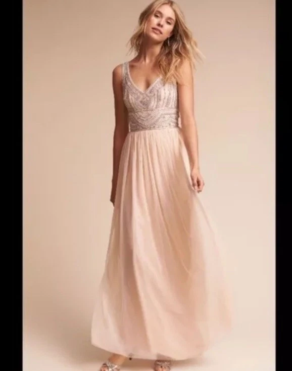 Maxi Vestido BHLDN Anthropologie Esterlina Cuentas Tul Ostra Dama de honor Para Mujer 0 Foto 1 de 4