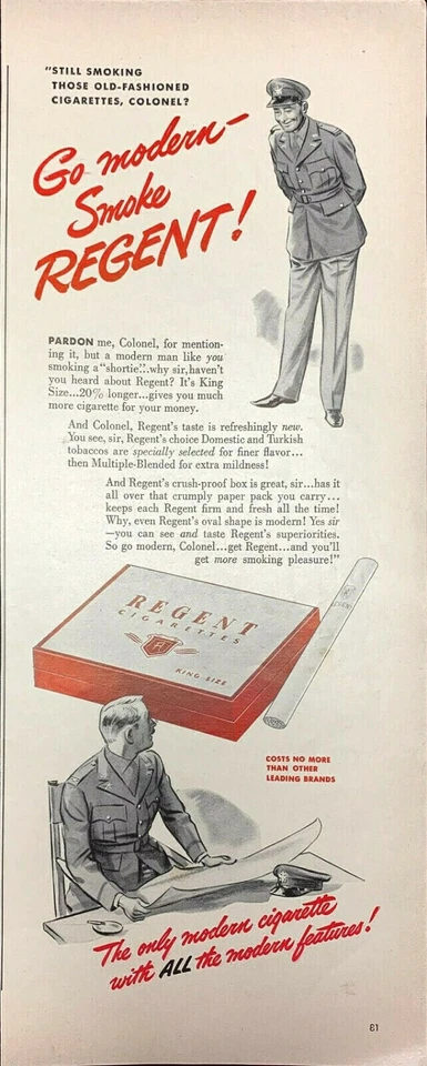 Anúncio publicitário impresso vintage 1942 soldados cigarros regentes da Segunda Guerra Mundial - Imagem 1 de 1