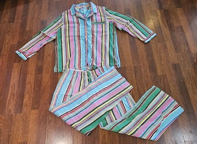 Vintage Y2K Victorias Secret Womens Pajama Set Stripes Rainbow Flannel  Colorful - Image 1 of 4