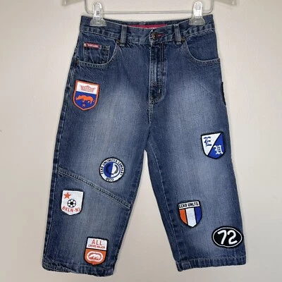 Shorts jeans vintage Ecko longo meninos jovens tamanho 10 com remendos retrô - Imagem 1 de 4