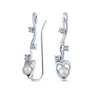 Heart White Freshwater Pearl Ear Cuff Cartilage Climbers in Sterling Silver - Picture 1 of 3