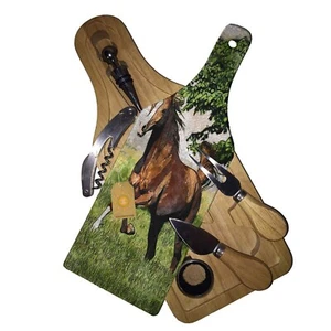Wine & Cheese Glass Cutting Board Gift Set - Chestnut Arabian Horse Pasture Play - Picture 1 of 1