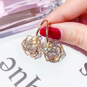 Crystal Rose Flower Dangle Drop Earrings for Women, Elegant Flower Earrings,Gift - Picture 1 of 5