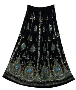 Indian Women's Black tie dye Yoga Crinkle Broomstick Long Gypsy Skirt Sequined - Picture 1 of 3