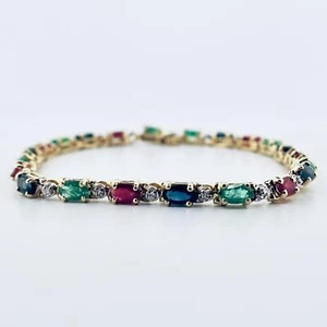 14k Yellow Gold Oval Emerald , Ruby, Sapphire and Diamond Tennis Bracelet - Picture 1 of 7