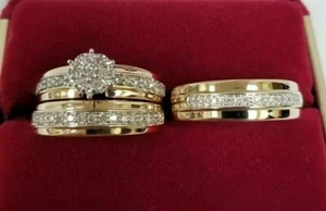 2Ct Round Cut Lab-Created Diamond His & Her Trio Ring Set 14K Yellow Gold Plated - Picture 1 of 12