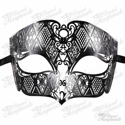 Mens Unisex Filigree Light Metal Mardi Gras Venetian Masquerade Mask [Black] - Image 1 of 4