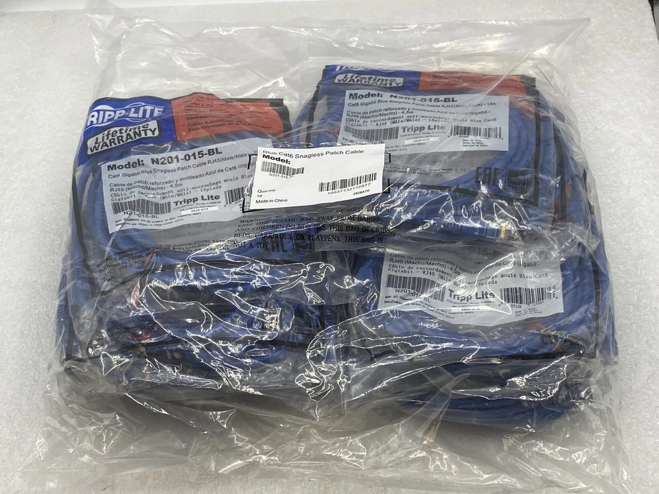 NEW (QTY 10) TRIPP LITE N201-015-BL CAT 6 GIGABIT BLUE SNAGLESS PATCH CABLE 3 FT - Image 1 of 4
