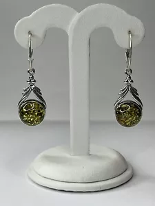 AMBER Stone Earrings with Sterling Silver.GREENISH Amber Stone Dangle Earrings. - Picture 1 of 9