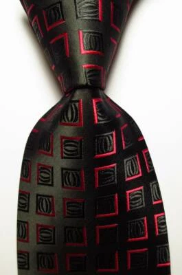 New Classic Checks Black Red JACQUARD WOVEN Silk Men's Tie Necktie - Image 1 of 2
