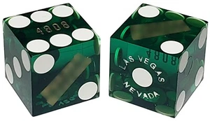 Authentic Las Vegas Casino Craps Dice Pair Green Polished Finish + Storage Pouch - Picture 1 of 3